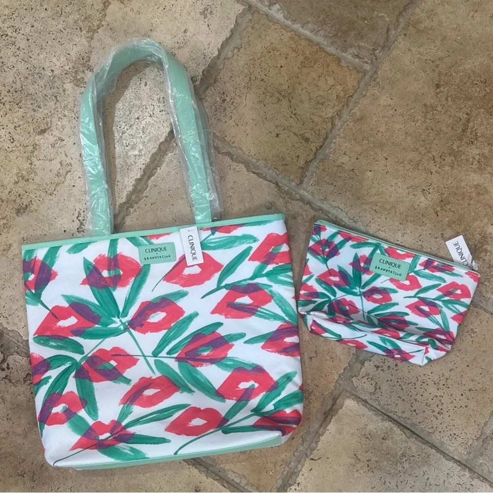 Clinique x Drawbertson Floral Lips Makeup/Toiletries Bag (New with Tags) & Tote